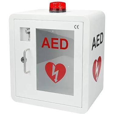 Imagem de Gabinete de armazenamento do desfibrilador AED, caixa de alarme de desfibrilação cardíaca de aço montada na parede com chave e sistema de alarme, estojo de primeiros socorros, aba de canto arredonda