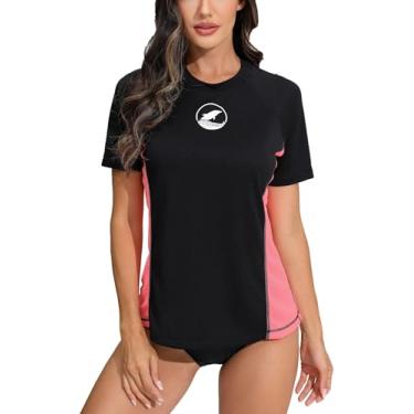 Imagem de Halcurt Camisa feminina de natação Rash Guard de manga curta com sutiã embutido, roupa de banho leve UPF50, Preto rosa claro/sutiã embutido, GG