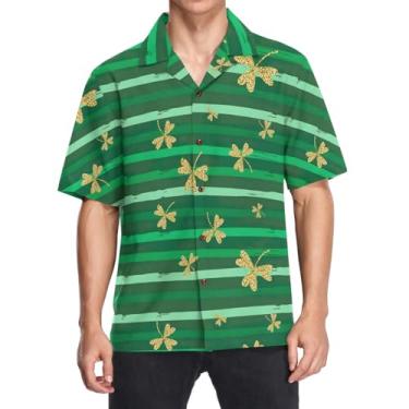 Imagem de Camisas havaianas masculinas folgadas com colarinho de botão camisa casual manga curta verão praia tops, Dia de São Patrício, listras verdes, trevo dourado, M