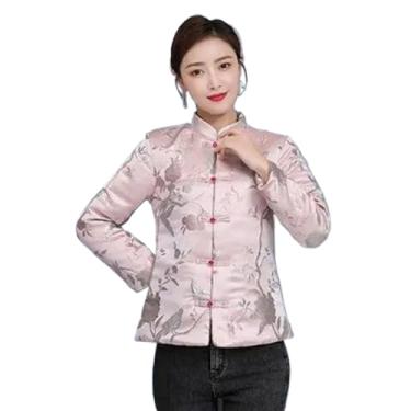 Imagem de JYHBHMZG Jaqueta curta de algodão estilo chinês outono e inverno roupas vintage tangsuit casaco Cheongsam espesso, rosa, M