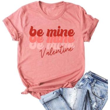 Imagem de SUEOSU Camiseta feminina retrô Love Valentines Day Be Mine Cute Coffee Latte Valentine Aquarela Pink Hearts Graphic Tee., Mavue-1, M