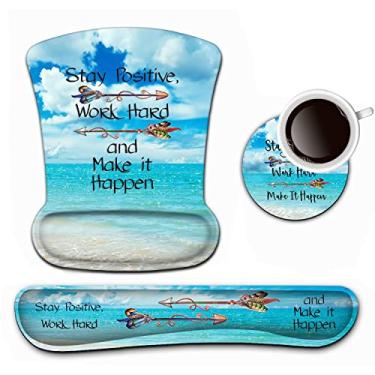 Imagem de Conjunto de apoio de pulso e mouse pad de teclado de pulso, Stay Positive Work Hard Make It Happen Arrow Tapete de mouse ergonômico, fácil digitação, alívio da dor, teclado de espuma de memória conjunto de mousepad com porta-copos