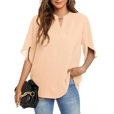Imagem de Funlingo Tops femininos de verão camisas casuais de manga curta gola V chiffon blusa elegante tops, 06_rosa laranja, P