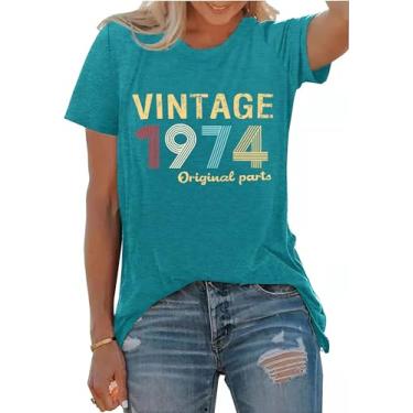 Imagem de Camisetas femininas vintage 1974 para presente de aniversário de 50 anos, retrô, casual, de manga curta, Azul ciano, GG
