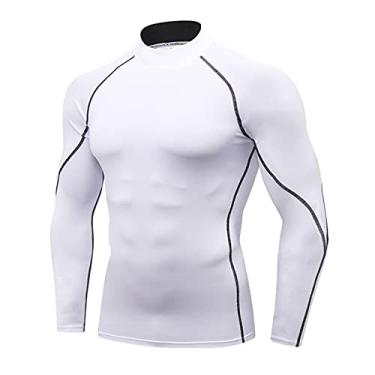 Imagem de LEICHR Camisetas de compressão masculinas de manga comprida e secagem fresca para academia com gola rolê, Branca nº 58, P