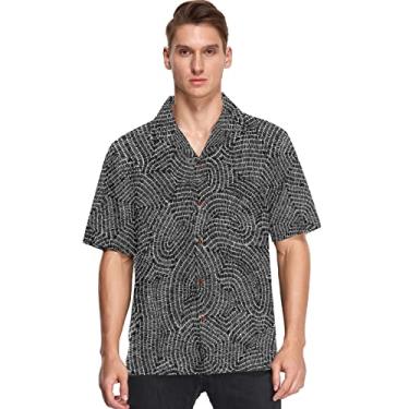 Imagem de visesunny Camisa masculina casual de botão manga curta havaiana preto branco ornamento geométrico Aloha camisa, Multicolorido, G