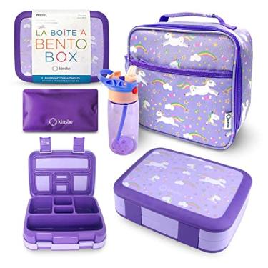Imagem de Caixa Bento com lancheira isolada, bolsa de gelo e conjunto de garrafa de água para crianças - 5 compartimentos, almoços ou lanche para meninas, creche infantil pré-escolar, unicórnio roxo do jardim