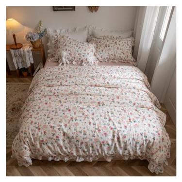 Imagem de Jogo de cama 100% algodão King floral 3/4 peças, capa de edredom com babados compatível com todas as estações, respirável, durável, lençol (lençol com elástico king)