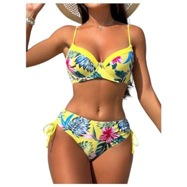 Imagem de MakeMeChic Conjunto de biquíni feminino com estampa tropical, 2 peças, push up, cordão lateral, Amarelo, G