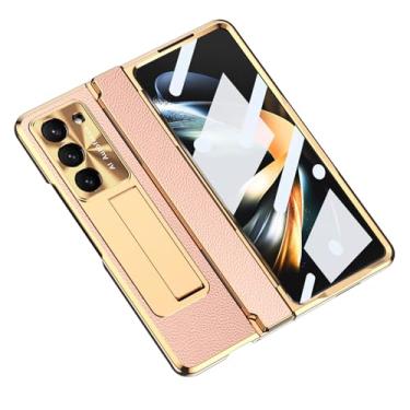 Imagem de POYUFRG Capa galvanizada de luxo para Samsung Galaxy Z Fold 6, proteção de dobradiça de lente de metal, capa de couro fina invisível à prova de choque, rosa