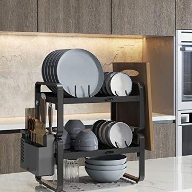Imagem de Escorredor de pratos dobrável, conjunto de escorredor de pratos de 2 níveis, escorredor de pratos de alumínio para bancada de cozinha, escorredor de pratos com suporte de utensílios, escorredor de