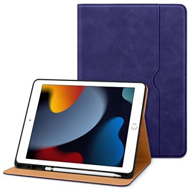 Imagem de DTTO Capa para iPad 9ª/8ª/7ª geração de 10,2 polegadas 2021/2020/2019, capa fólio de couro premium com suporte para Apple Pencil integrado – Despertar/hibernar automaticamente e vários ângulos de visualização, azul escuro