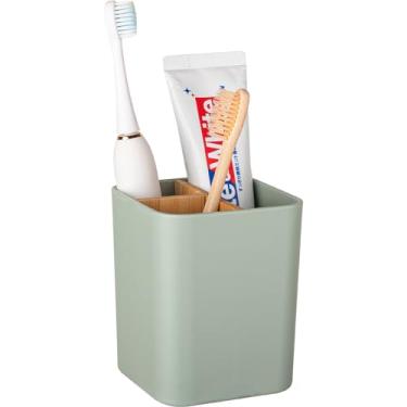 Imagem de Suporte de escova de dentes de bambu para banheiros, 3 compartimentos para escova de dentes e pasta de dente organizador de balcão de banheiro para escovas de dentes elétricas, fio dental, lâminas - verde