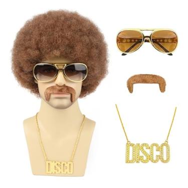 Imagem de TUOFLY Peruca afro masculina com colar de óculos, bigode e touca de peruca anos 70 anos 80, marrom, natural, fofo, afro, discoteca, peruca de cabelo sintético encaracolado para festa de Halloween,