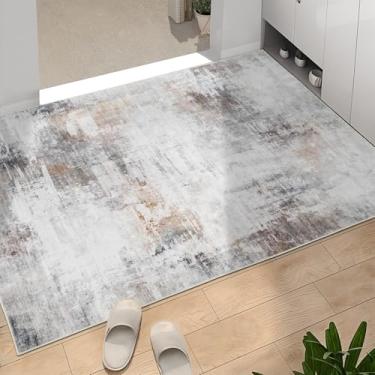 Imagem de Dotiiorug Tapete de área moderno abstrato lavável para entrada, tapete baixo para interior 2x3 antiderrapante tapete de área antiderrapante tapete macio resistente a manchas marrom/bege