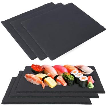 Imagem de IHDYPPEW Tábuas de queijo de ardósia, pacote com 6 pratos de ardósia de 30,5 x 25,4 cm, tábuas de charcutaria preta - Bandeja de servir de pedra natural com giz de pedra-sabão para festas, presentes e