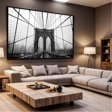 Imagem de Quadro Decorativo com Moldura Sala 90x60 Ponte Brooklyn NY Preto Branco Luxo Grande Horizontal