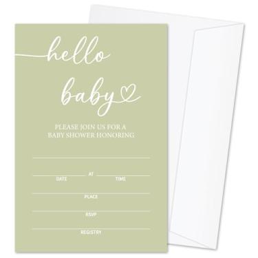 Imagem de Convites de chá de bebê Hello Baby para meninos e meninas, cartões de convite de minimalismo verde para anúncio de bebê, 25 conjuntos de convites de chá de bebê com envelopes, suprimentos de festa de