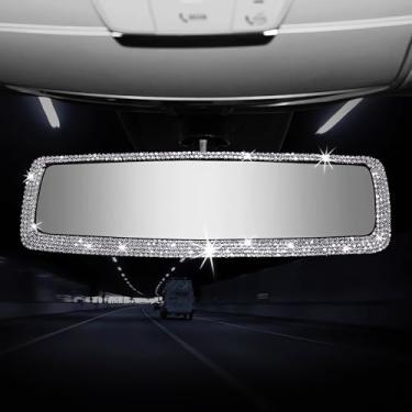 Imagem de Espelho retrovisor de carro com strass brilhante - Decoração de diamante de cristal para mulheres - Acessório interior automotivo elegante (prata)