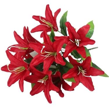 Imagem de Buquê de Lírio Artificial com 5 Flores P/Decoração Casamento, Arranjos, Decorar Festas e casa(2,vermelho)