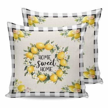 Imagem de Capas de almofada para atividades ao ar livre fazenda de verão flor de limão em linho, capa de travesseiro à prova d'água, protetores de travesseiro macios, fronha xadrez preta e branca para sofá