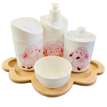 Imagem de Kit Higiene Baby Ovelhinha Menina c/bandeja MDF - 5 Peças - Dóia Kids,