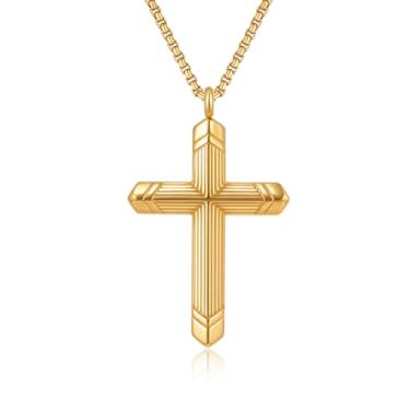 Imagem de FLHEART Colar de cruz de aço inoxidável para homens, corrente de colar de Jesus com pingente de cruz de ouro preto, não mancha, resistente para homens, joias cristãs, presentes para ele, confirmação
