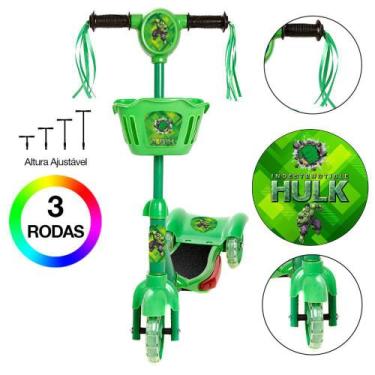 Imagem de Patinete Infantil Incrível Hulk C Led e Som Verde Cestinha - Art Brink