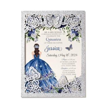 Imagem de DORIS HOME 50 peças de convites de borboleta de prata com glitter para quinze anos, 15 anos, doce 16, Miss XV, 13 cm x 18 cm aniversário corte a laser cartões de convite de marmelo (não inclui