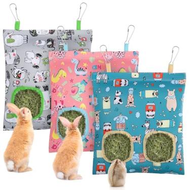 Imagem de UPINS 3 sacos de feno para coelhos, alimentador de feno com 2 furos, sacos de feno de porquinho-da-índia, alimentador de feno para coelhos, chinchilas, hamsters, pequenos animais de estimação e