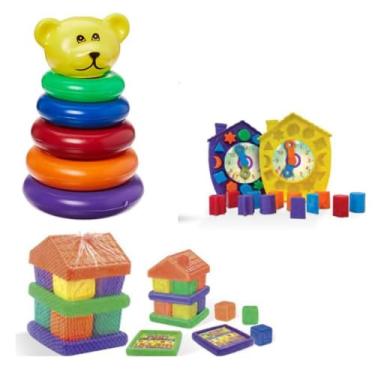 Imagem de Brinquedos Educativos Infantis + Conjunto 3 em 1 + Didático e Sensorial + Blocos de Montar, Relógio de Encaixe e Argolas + Aprendizado e Coordenação + Ideal para Bebês e Crianças