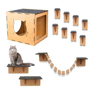 Imagem de Mondo Box Playground para Gatos 12 peças Kit com Nichos Casinha Ponte Degraus Escadinha Parquinho de Gato Prateleiras Carpete Antiderrapante Diversão Pet em Mdf