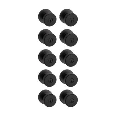 Imagem de Kwikset Maçaneta de porta de entrada Pismo com fechadura e chave, alça externa com chave segura, entrada frontal e quarto, preto fosco, pacote com 10, SmartKey Rekey Security resistente a picaretas e