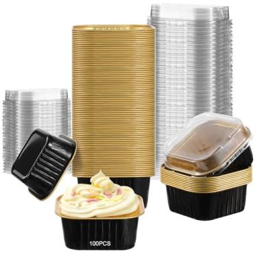 Imagem de 100 peças de copos de folha de alumínio, copos de sobremesa de 142 g com tampas, forros de cupcake, forros de cupcake, recipiente quadrado individual para cupcake de ramequins descartáveis, forno de