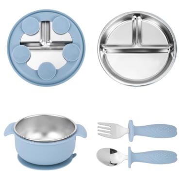 Imagem de lasuroa Conjunto de 4 Pratos de Aço Inoxidável para Bebês, Incluindo 1 Prato com Divisórias e Sucção, 1 Tigela Com Alça Dupla, 1 Garfo e 1 Colher Bandejas para Servir Lanches Infantis