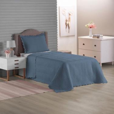 Imagem de Kit Colcha 2Pçs Para Quarto Tamanho Solteiro Cor Azul Liso - ENTROU CO