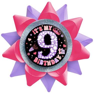 Imagem de TxscOxwP1 Botão feito à mão It's My 9th Birthday, broches de botão de 9º aniversário para meninas, broches de fita de gorgorão rosa choque e roxo para meninas de 9 anos, decorações de festa de