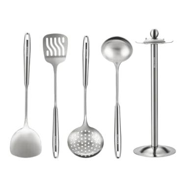 Imagem de MAXCOOK Conjunto de 5 utensílios de cozinha, conjunto de utensílios de cozinha de aço inoxidável 18/8 com suporte giratório (pode ser lavado na lava-louças