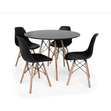 Imagem de Mesa de Jantar Eiffel com 4 Cadeiras, MDF, 90cm, Design Moderno, Pés em Madeira, para Sala de Jantar, Cozinha (Mesa Preta/Cadeiras Pretas)