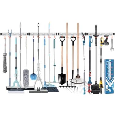 Imagem de Suporte de esfregão e vassoura organizador de ferramentas de jardim, estilo moderno, gancho móvel de liga de alumínio montado na parede, pacote com 4, presente de armazenamento para banheiro, armário