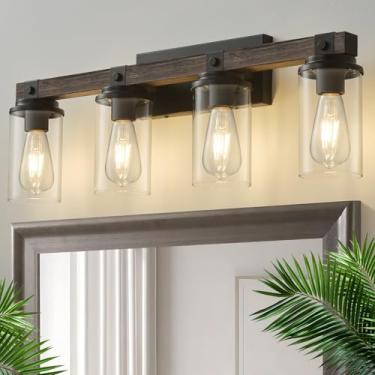 Imagem de Luminária para banheiro de fazenda, 4 arandelas de iluminação de parede em madeira rústica banheiro luminárias sobre espelho vintage industrial madeira preta Vanity Light para quarto, corredor, cozinha, banheiro