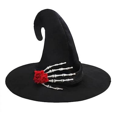 Imagem de Chapéu de bruxa feminino de Halloween com garra de esqueleto assustador, chapéu de bruxa preto encaracolado com flor vermelha, acessório de bruxo gótico, cosplay, baile de máscaras, acessórios de
