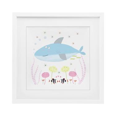 Imagem de Stupell Industries Baby Shark & Flowers Impressão emoldurada branca sob vidro, design por Carla Daly, 40,6 x 40,6 cm