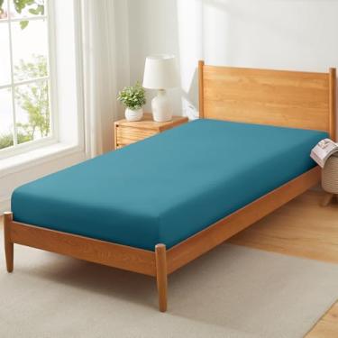 Imagem de Vonty 1 lençol de cama de microfibra azul-petróleo 78,7 cm x 190,5 cm - 1800 fios apenas, lençol com elástico respirável e macio, adequado para cama de beliche solteiro estreito