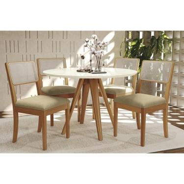 Imagem de Conjunto Sala de Jantar Duna Premium Madeira Maciça c/ Tampo Madeirado c/ Vidro 120x120cm e 4 Cadeiras Lola Carvalho/Off White - Boucle Bege-Kappesber