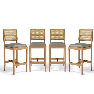 Imagem de Kit Com 4 Banqueta Milena Madeira Maciça Assento Estofado Encosto De Tela Palha Sextavada