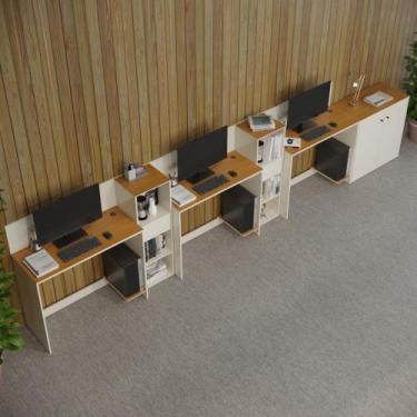 Imagem de Conjunto De Escritório Tech 2 Livreiro 1 Buffet E 3 Mesas 90 - Off Whi