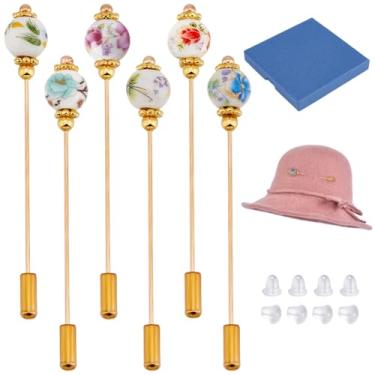 Imagem de BENECREAT 6 pinos de chapéu de porcelana, alfinetes de segurança vintage, broches de porcelana com designs de plantas, broche para gravata, cachecol, chapéus de cowboy ocidentais, acessórios de
