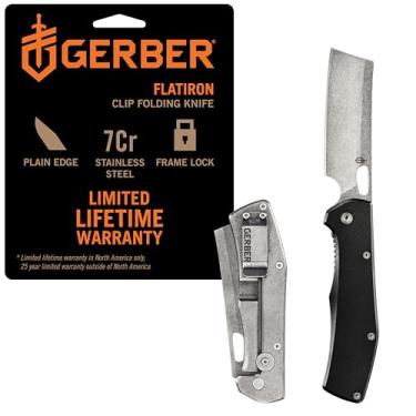 Imagem de Gerber Faca de bolso dobrável Gear Flatiron, faca dobrável de aço inoxidável EDC com lâmina de cutelo de 9 cm e clipe de bolso, preta