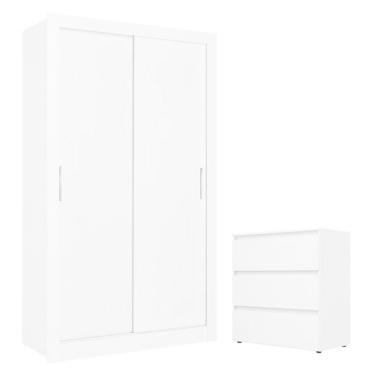 Imagem de Guarda Roupa Solteiro City 2 Portas Branco Acetinado E Cômoda Gaveteiro Condessa Branco - Thb